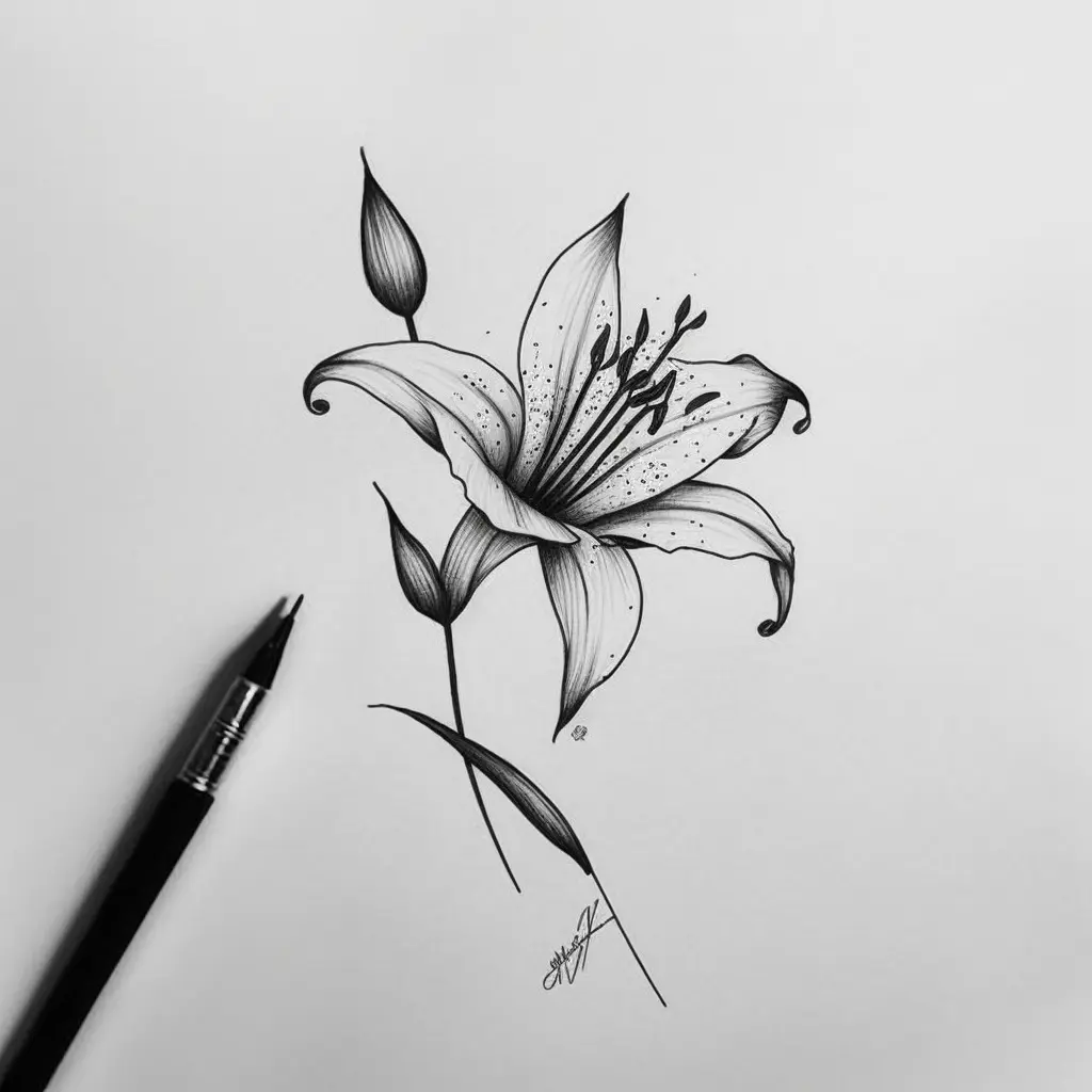 minimalist lily tattoo design, lines, minimal, black and white, white background